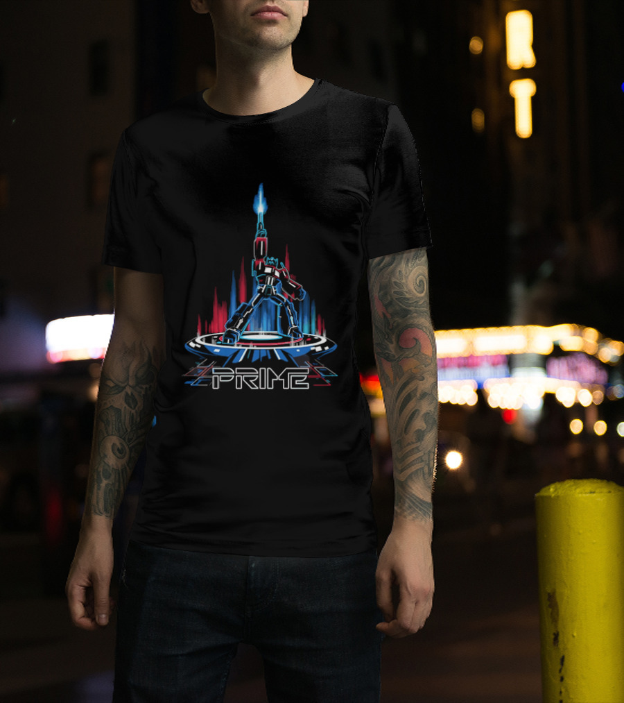 Prime Neon Robot Raising Glowing Light Beam Circular Platform T-Shirt