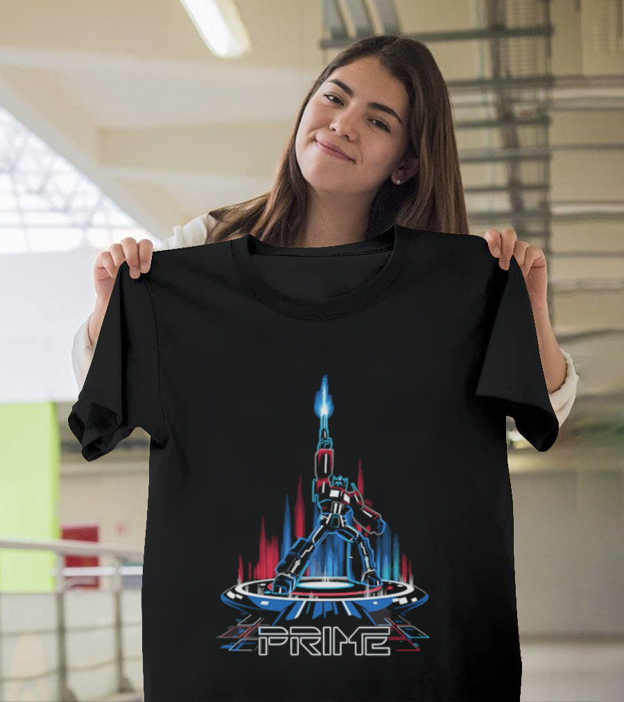 Prime Neon Robot Raising Glowing Light Beam Circular Platform T-Shirt