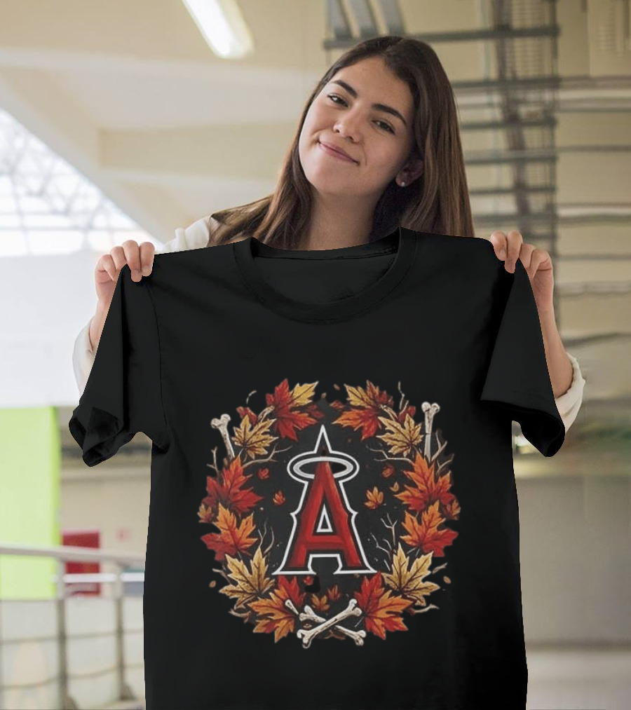 Los Angeles Angels Maple Leaves Skull Crossed Bats Baseballs Halloween T-Shirt