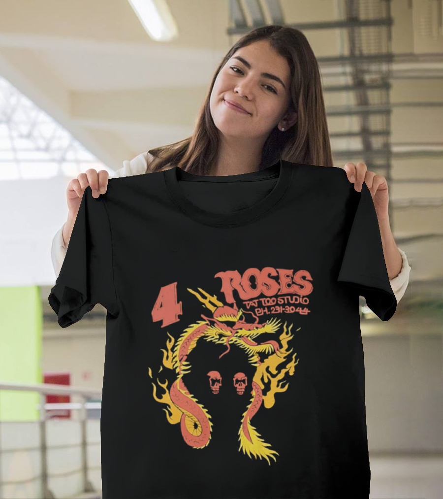 4 Roses Tattoo Studio Ph 231 3044 Dragon Yellow Flames Red Skulls T-Shirt