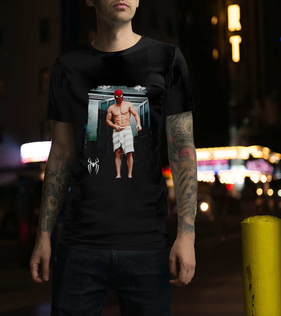 Spider Man Masked Figure In Towel Scene With Iconic White Spider T-Shirt