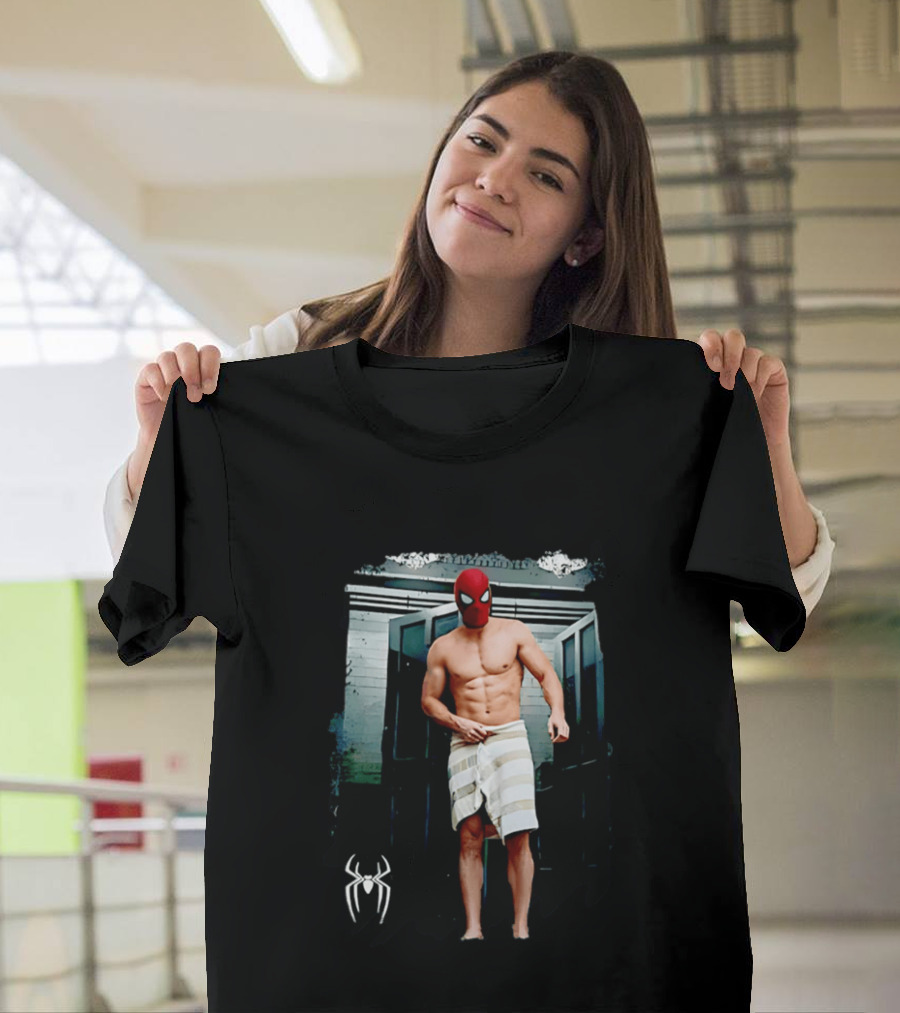 Spider Man Masked Figure In Towel Scene With Iconic White Spider T-Shirt