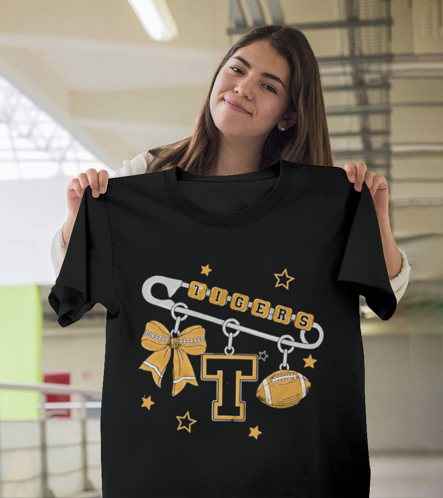 Tigers Cheer Bow Safety Pin Varsity Letter Football Charms Stars T-Shirt