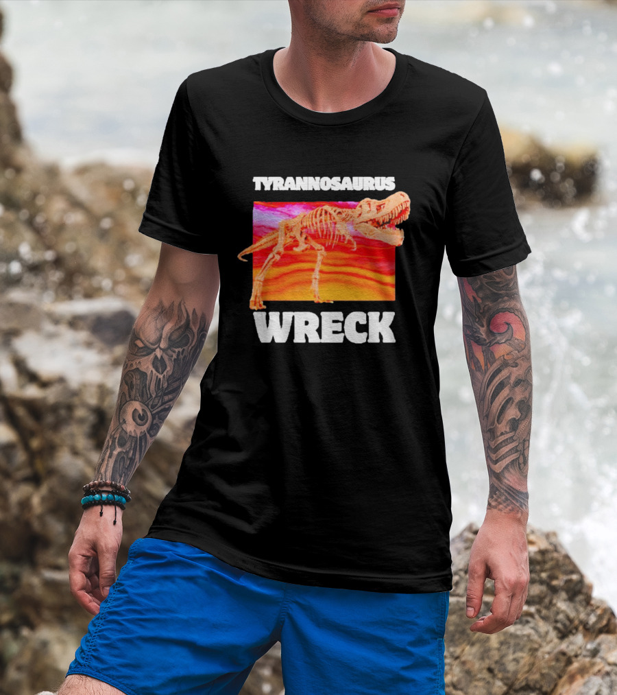 Tyrannosaurus Wreck Dinosaur Pun With Rex Skeleton On Sunset T-Shirt