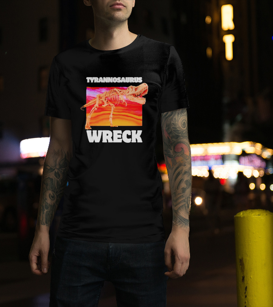 Tyrannosaurus Wreck Dinosaur Pun With Rex Skeleton On Sunset T-Shirt