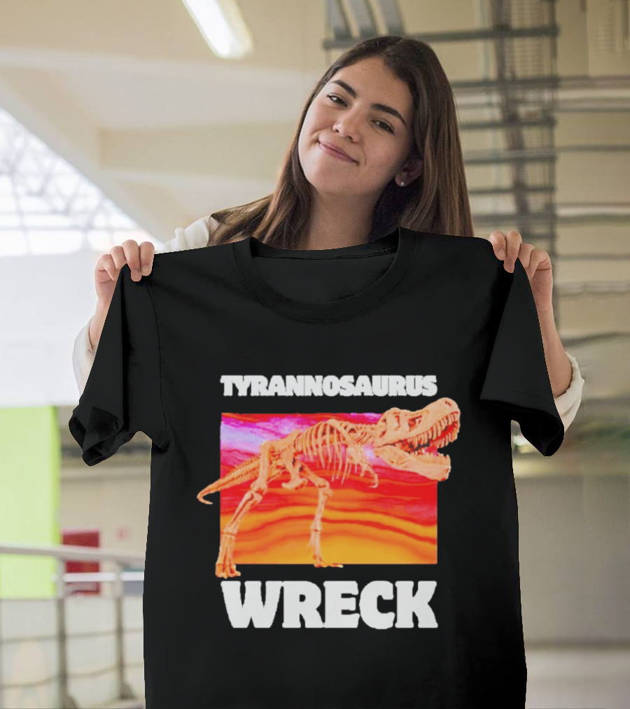 Tyrannosaurus Wreck Dinosaur Pun With Rex Skeleton On Sunset T-Shirt
