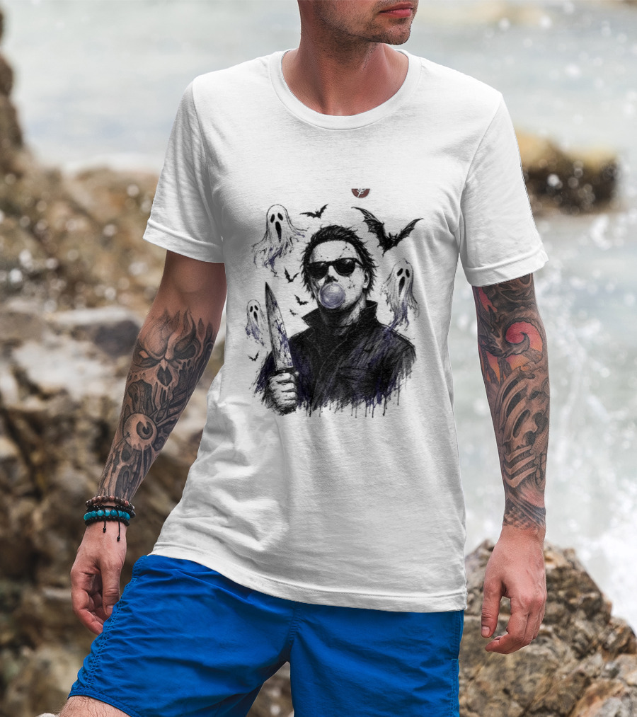 Michael Myers Bubble Gum Slasher Spooky Season Movie Ghosts And Bats T-Shirt