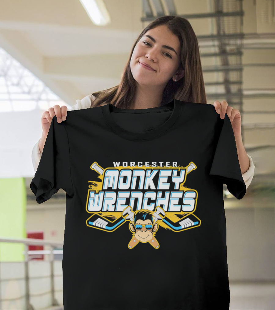 Worcester Monkey Wrenches Hockey Player Monkey With Crossed Wrenches And Hockey Sticks T-Shirt
