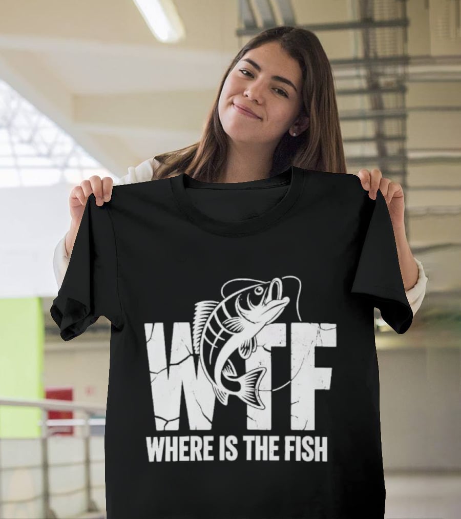 WTF Where Is The Fish Jumping Bass Line Distressed Cracked Fishing Humor T-Shirt
