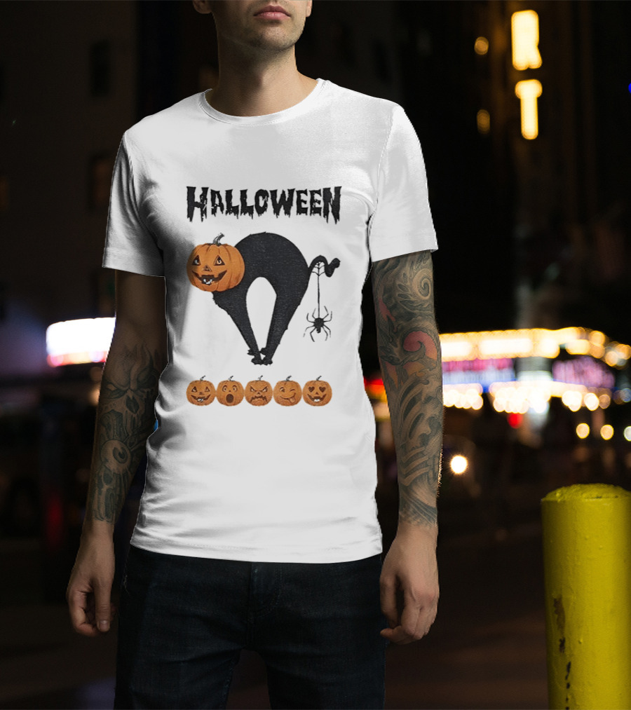 Halloween Pumpkin Cat Black Spider Five Jack O' Lanterns T-Shirt