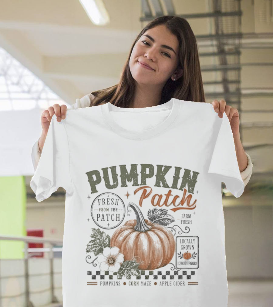Pumpkin Patch Fresh From Locally Grown Pumpkins Corn Maze Apple Cider Distressed Leaves T-Shirt