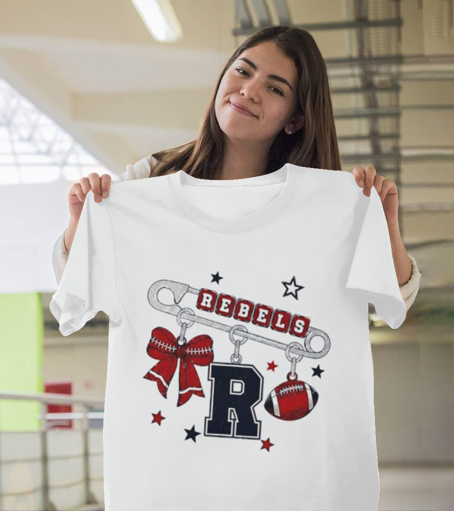 Rebels R Charm Safety Pin Red Bow Football Stars T-Shirt