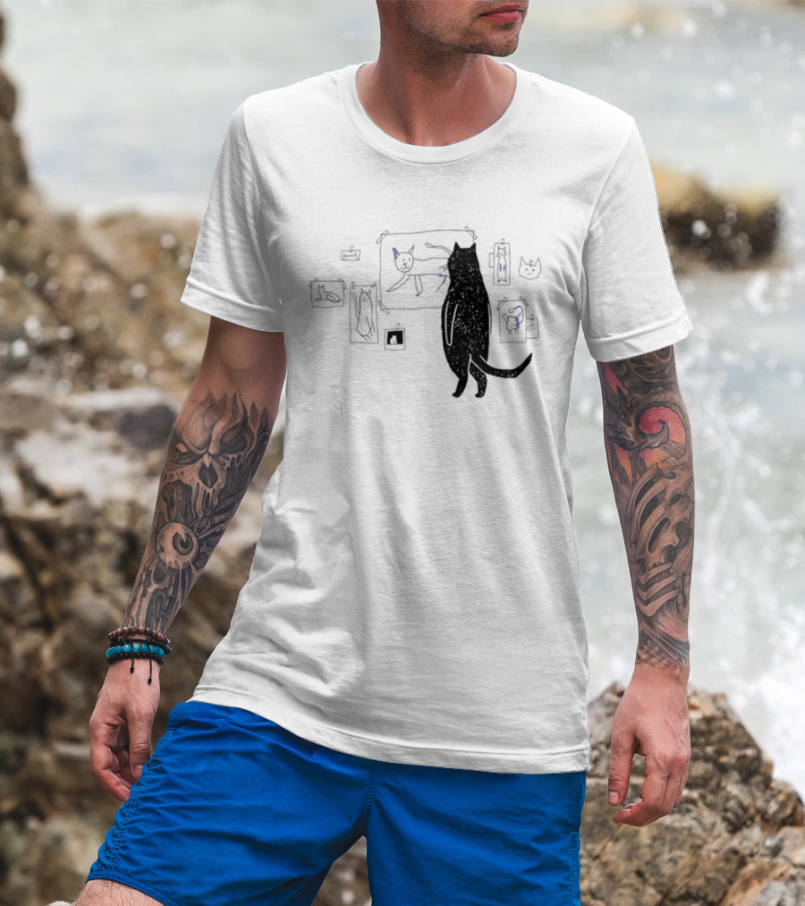 Black Cat Standing Looking At Sketches Line Drawing Wall Gallery T-Shirt