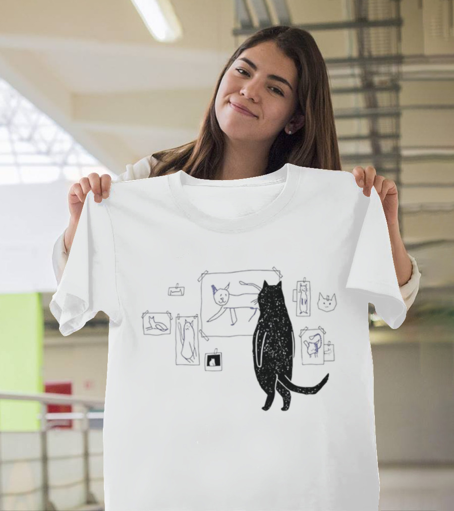 Black Cat Standing Looking At Sketches Line Drawing Wall Gallery T-Shirt