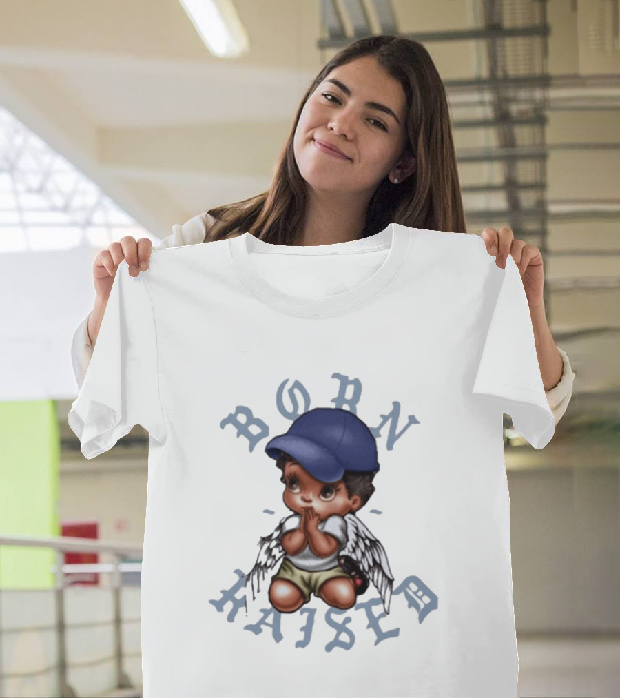 Born X Raised El Angel Cherub Praying With Wings And Cap T-Shirt