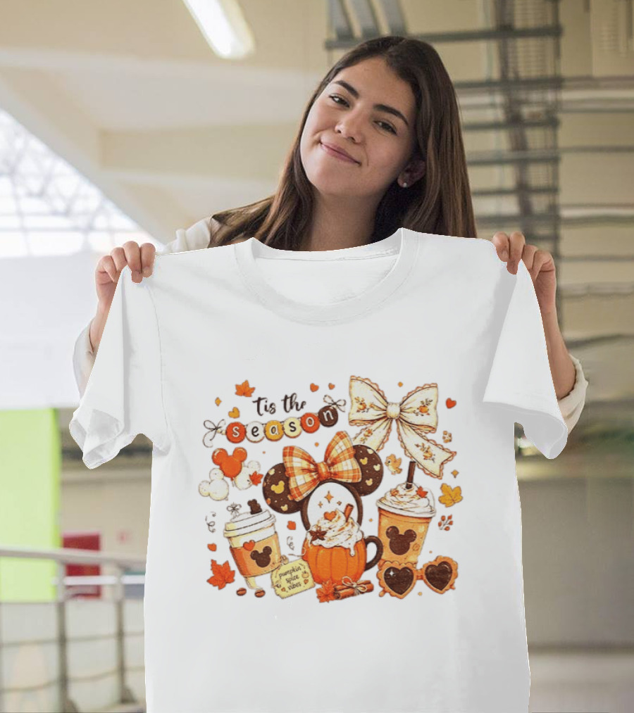 Tis The Season Disney Pumpkin Spice Autumn Coffee Ears And Bows T-Shirt