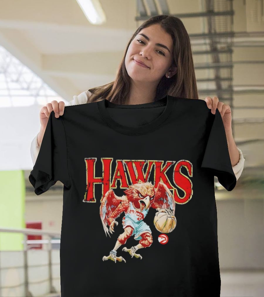 Atlanta Hawks Fierce Dribbling Cartoon Bird In NBA Jersey T-Shirt