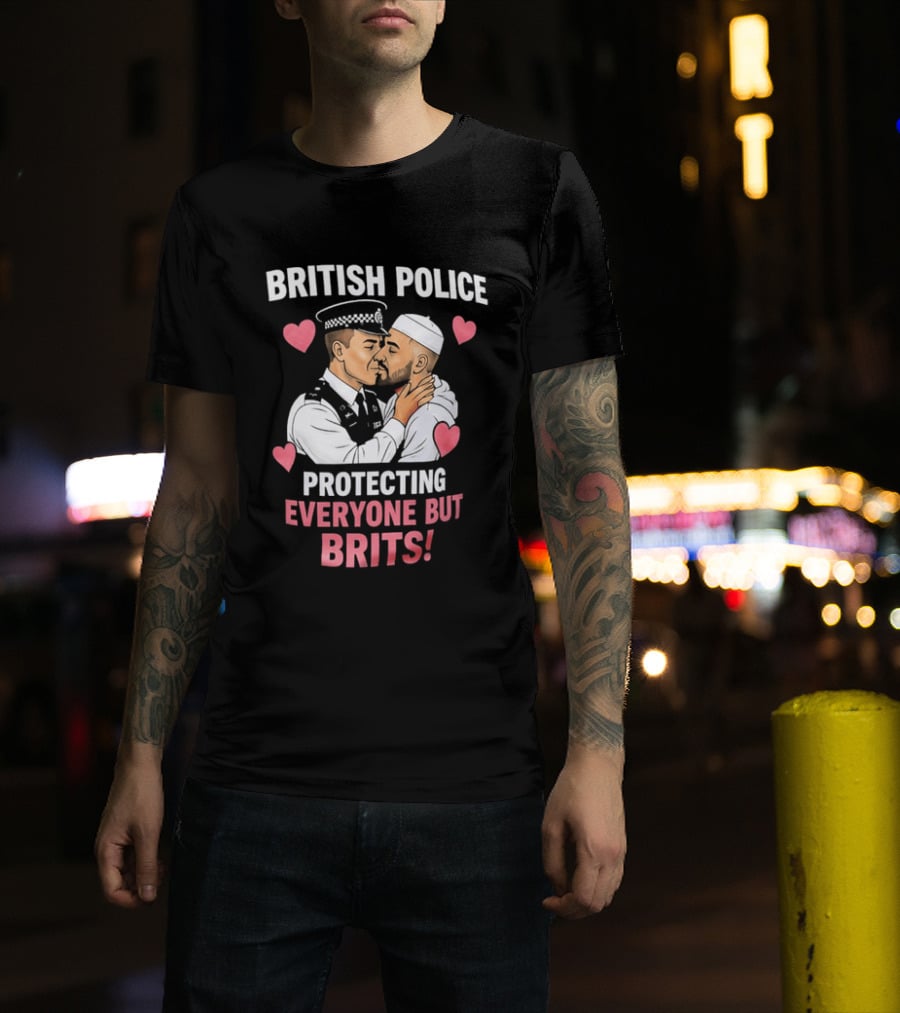 British Police Protecting Everyone But Brits Kissing Illustration With Hearts T-Shirt