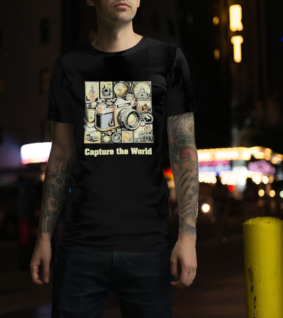 Capture The World Camera Globe Travel Landmarks Compass T-Shirt