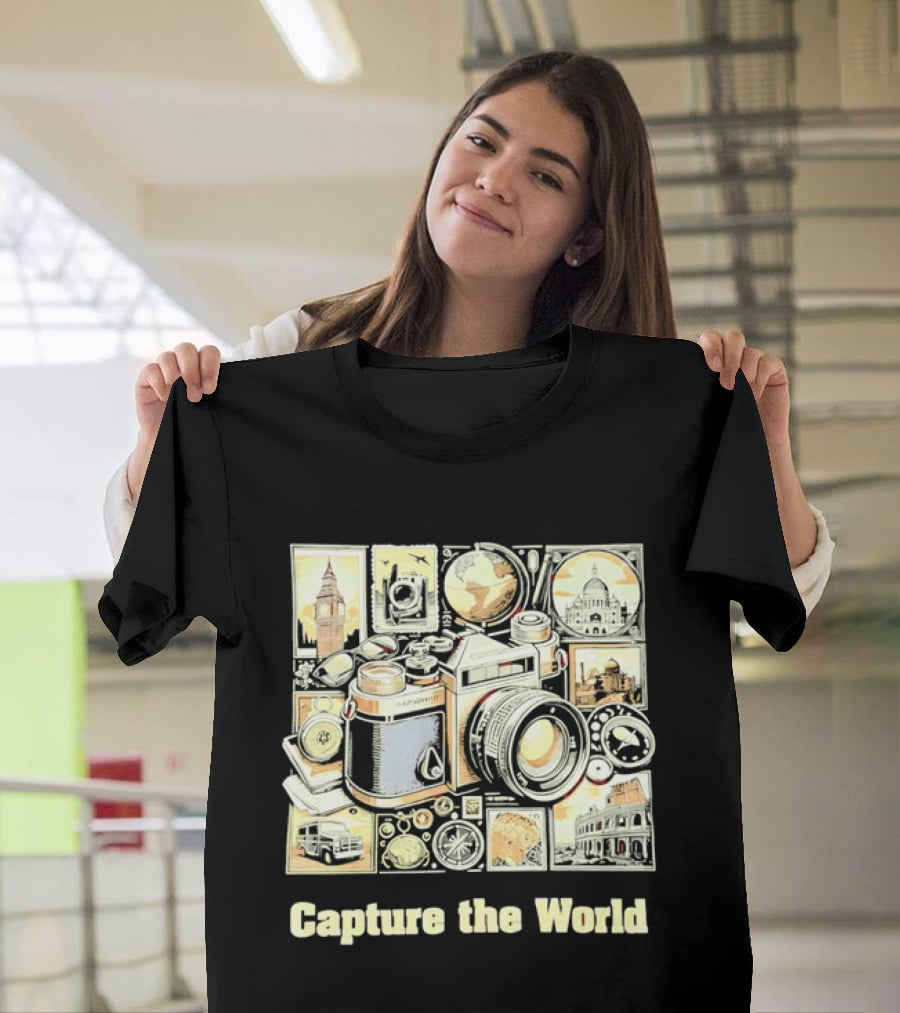 Capture The World Camera Globe Travel Landmarks Compass T-Shirt