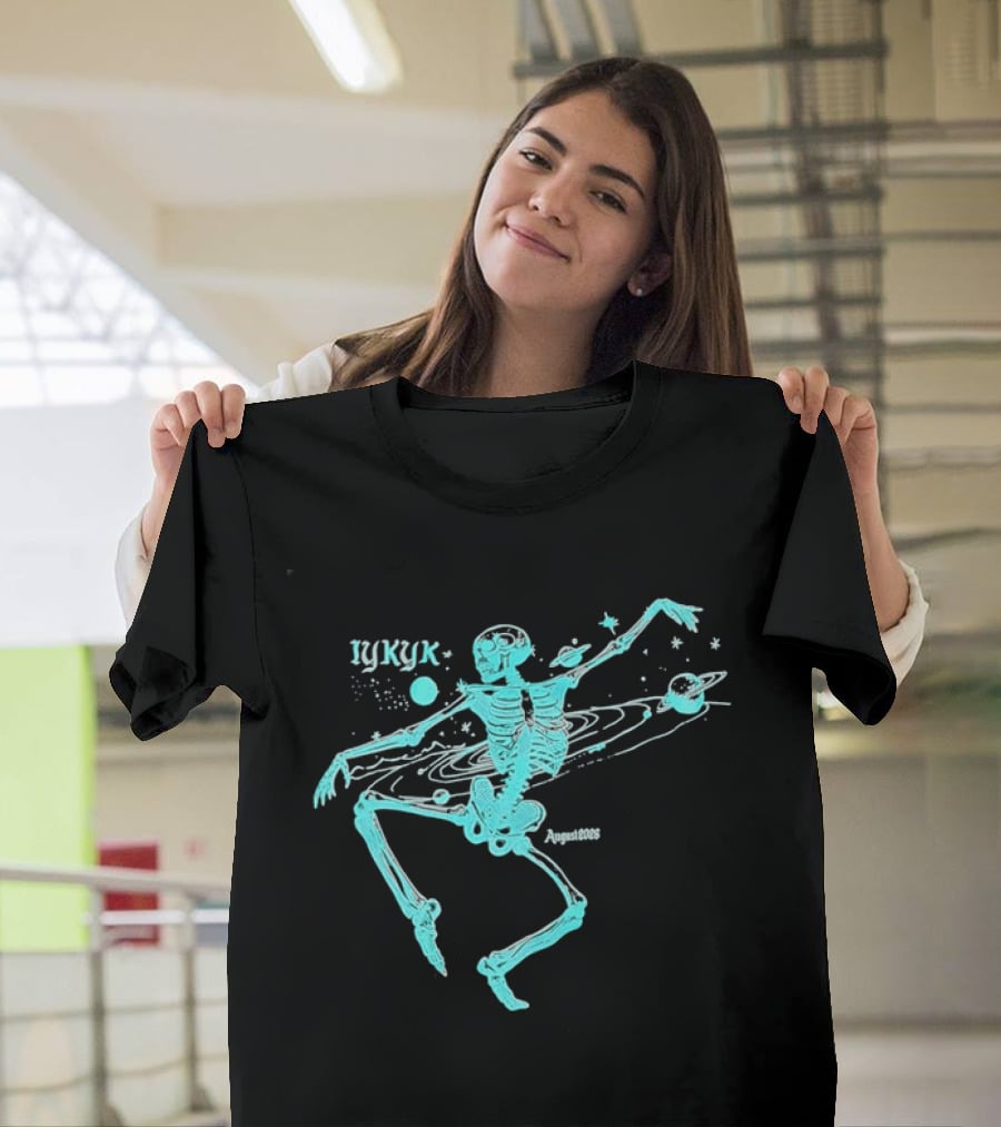 Iykyk August 2026 Cyan Dancing Skeleton With Space Orbit Sketch T-Shirt