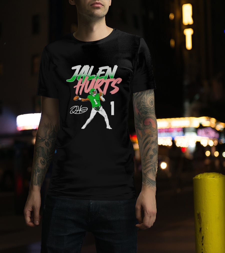 Jalen Hurts Quarterback Throwing Football Jersey Number 1 Signature Green T-Shirt
