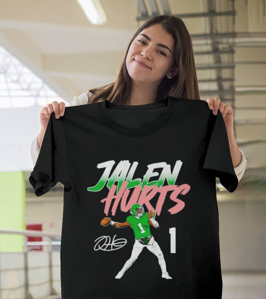 Jalen Hurts Quarterback Throwing Football Jersey Number 1 Signature Green T-Shirt