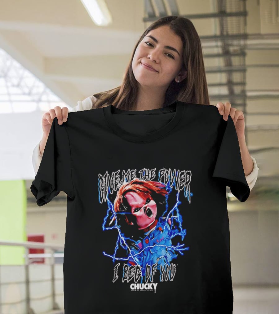 Chucky Give Me The Power I Beg Of You Blue Lightning Screaming Doll T-Shirt