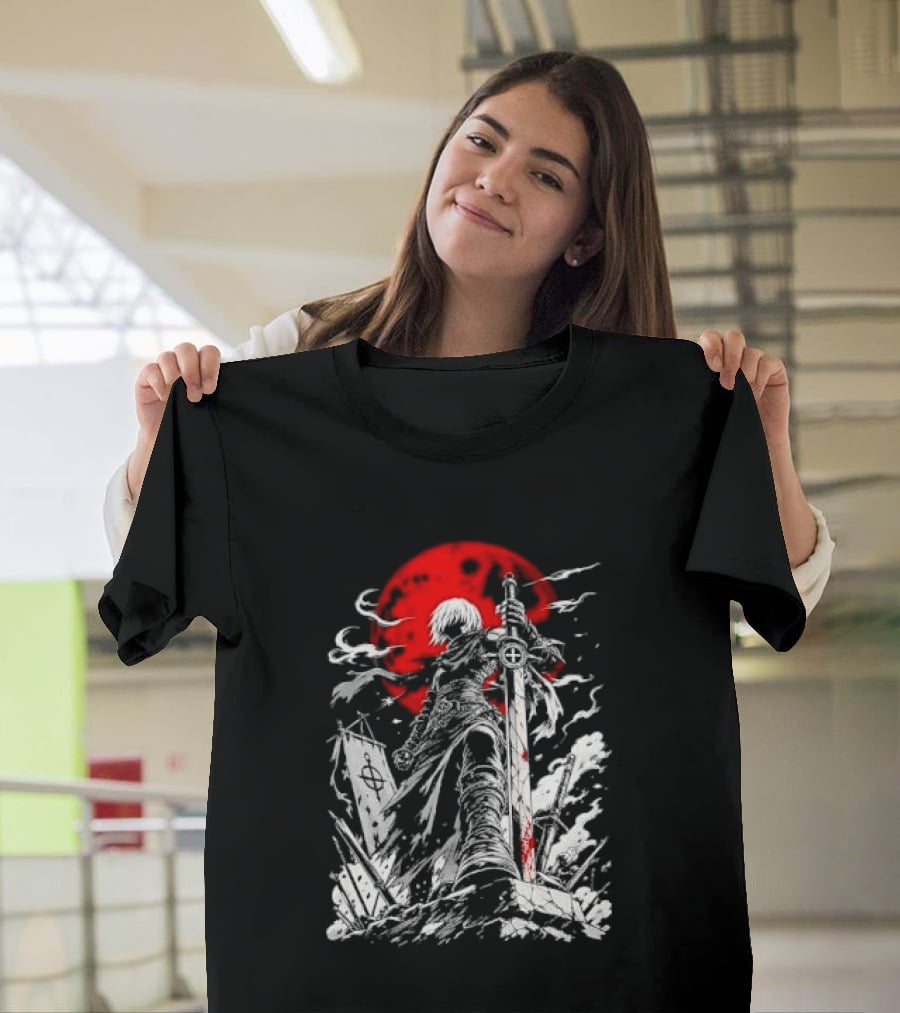 Dark Fantasy Warrior Bloody Sword Red Moon Battlefield Epic Scene T-Shirt