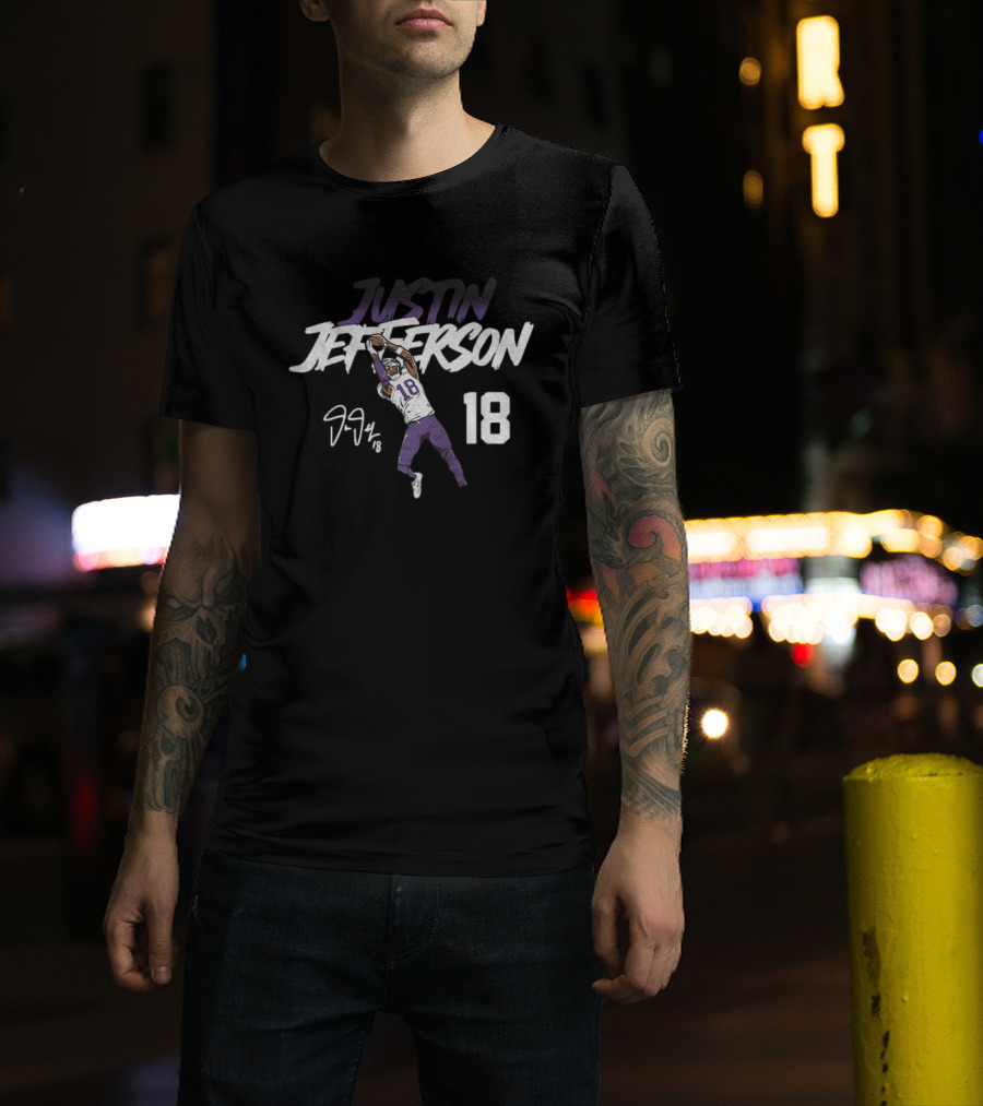 Justin Jefferson 18 Minnesota Vikings Football Star Catch NFL Player Signature T-Shirt