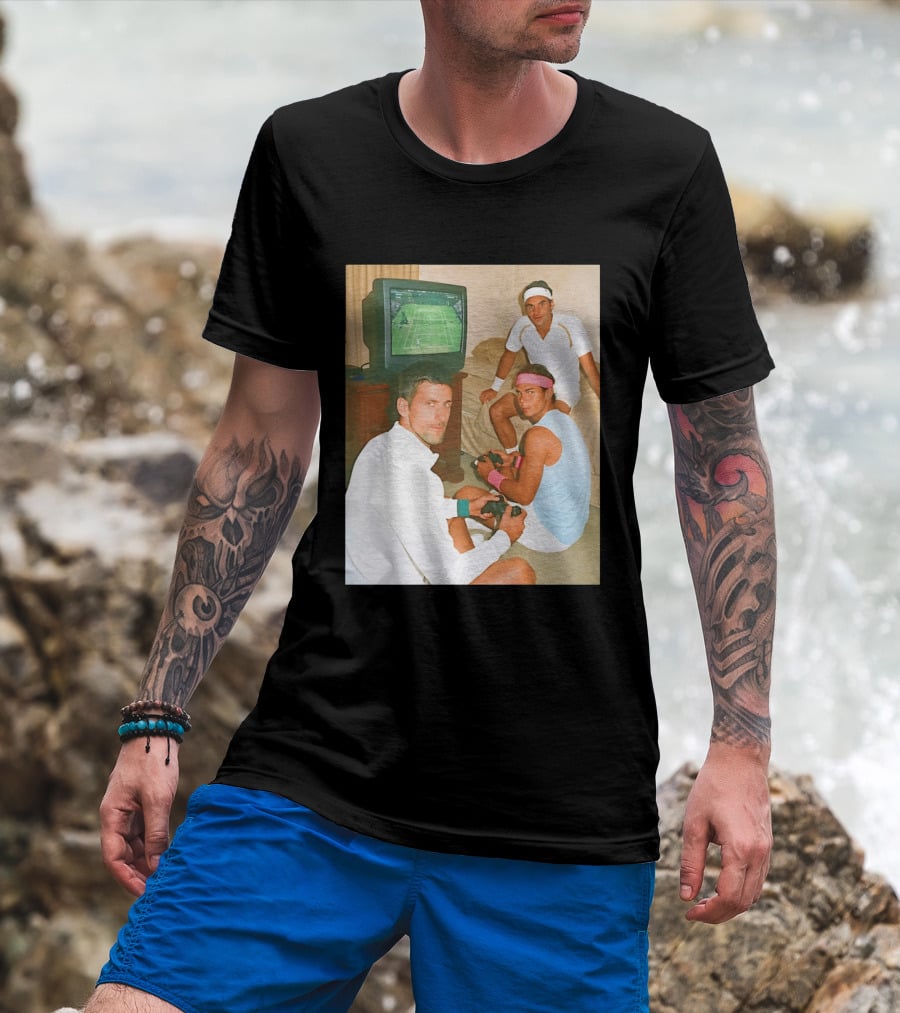 Novak Djokovic Rafael Nadal Roger Federer Playing Tennis Video Game T-Shirt