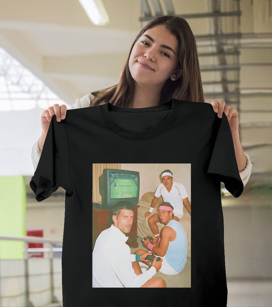 Novak Djokovic Rafael Nadal Roger Federer Playing Tennis Video Game T-Shirt