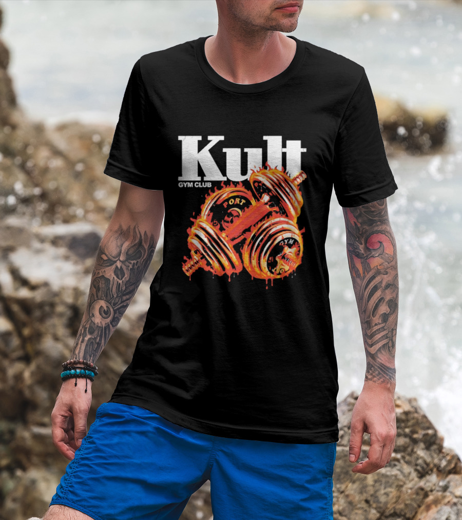 Kult Gym Club Sport Fiery Dumbbells Dripping Lava Distressed T-Shirt