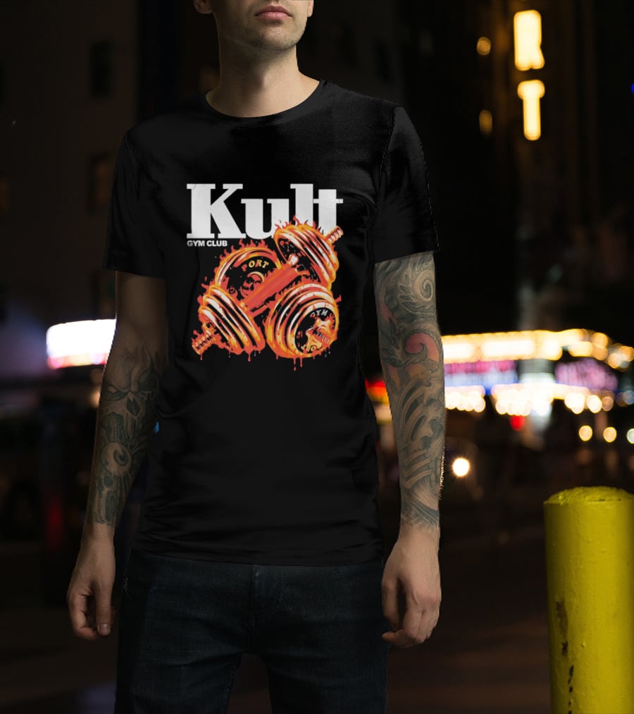 Kult Gym Club Sport Fiery Dumbbells Dripping Lava Distressed T-Shirt