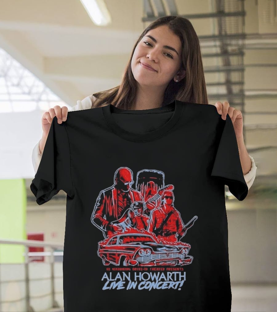 The Mahoning Drive In Theater Presents Alan Howarth Live Concert Horror Characters Flaming Car T-Shirt