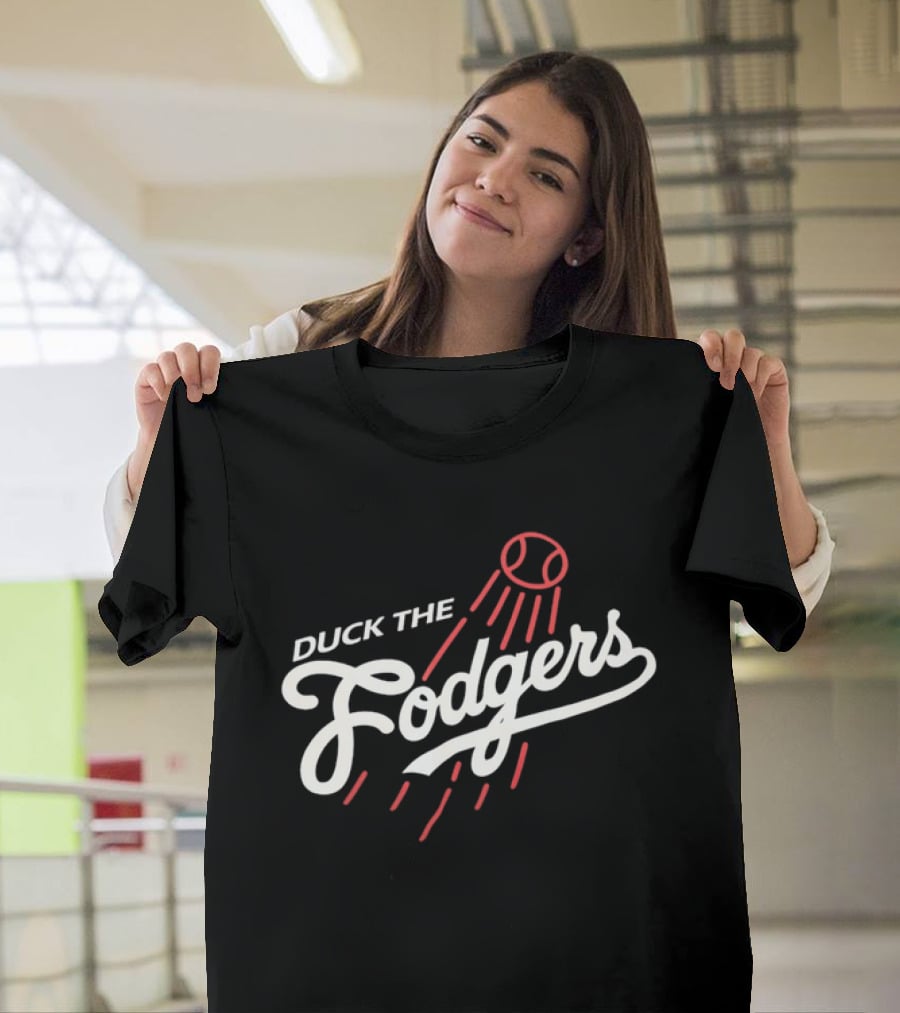 Duck The Fodgers White Script Flying Baseball Red Motion Lines T-Shirt