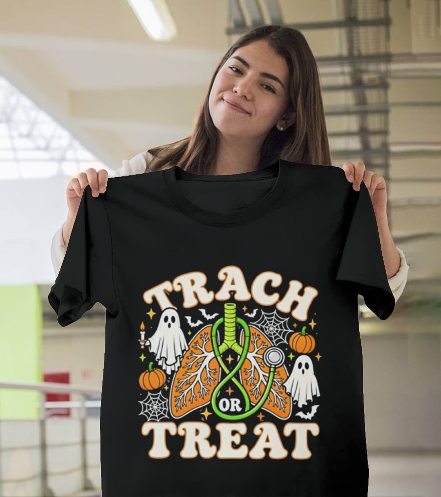 Trach Or Treat Lungs Stethoscope Ghosts Pumpkins Spider Webs Halloween Cartoon T-Shirt