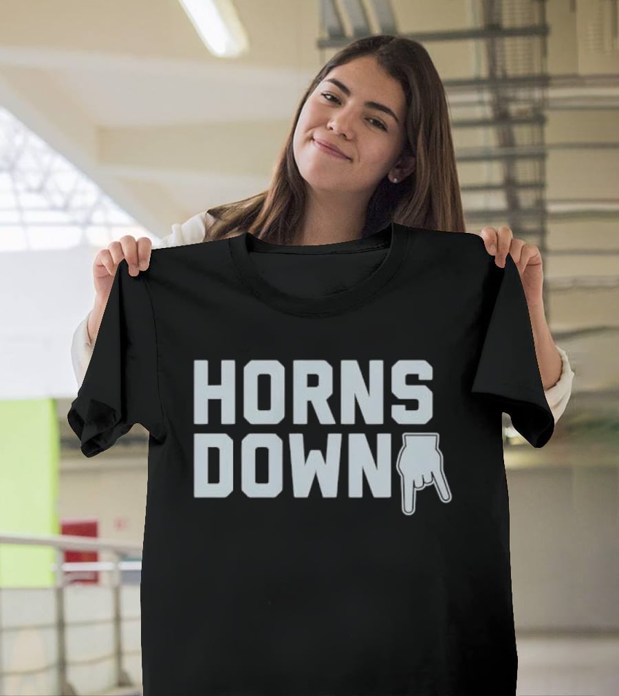 Horns Down Hand Gesture Block Lettering Pointing Finger Sign T-Shirt