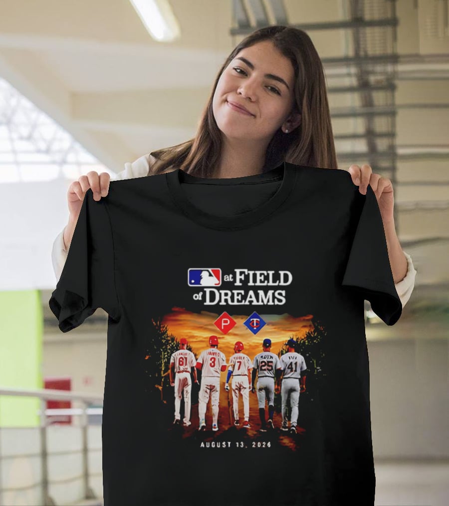 MLB At Field Of Dreams August 13 2026 Philadelphia Minnesota Players Walking Into Cornfield T-Shirt