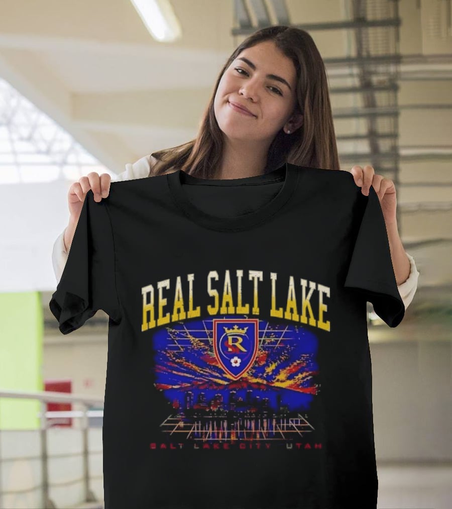 Real Salt Lake City Utah Skyline Crest Sunset Grid Distressed T-Shirt