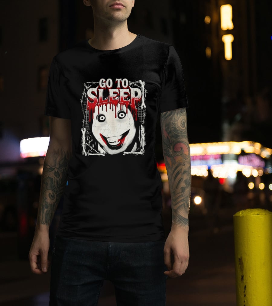 Go To Sleep Creepy Pale Face Bloody Smile Barbed Wire Bones T-Shirt
