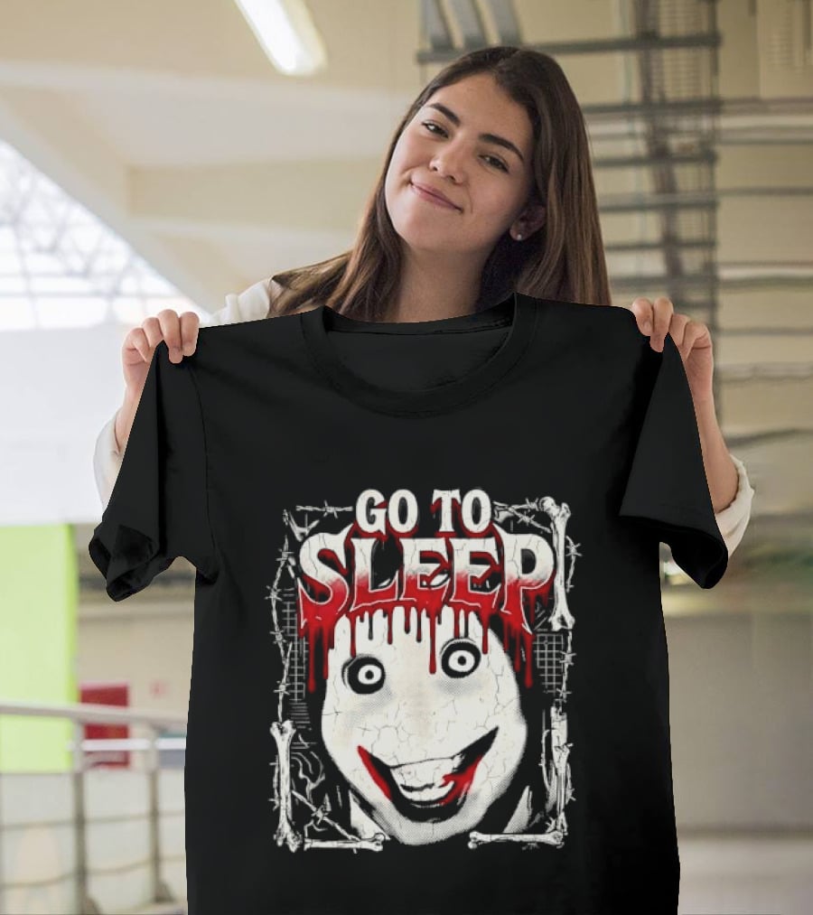 Go To Sleep Creepy Pale Face Bloody Smile Barbed Wire Bones T-Shirt