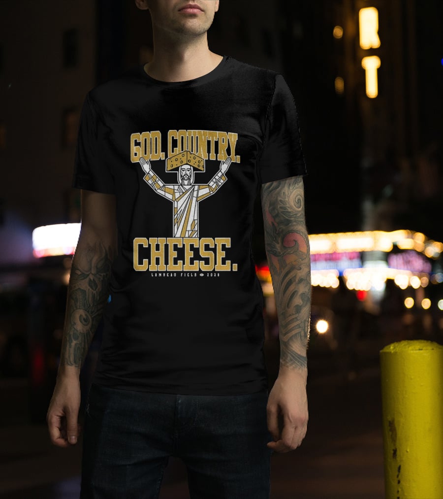 God Country Cheese Lambeau Field 2026 Jesus Statue Wearing Cheesehead T-Shirt