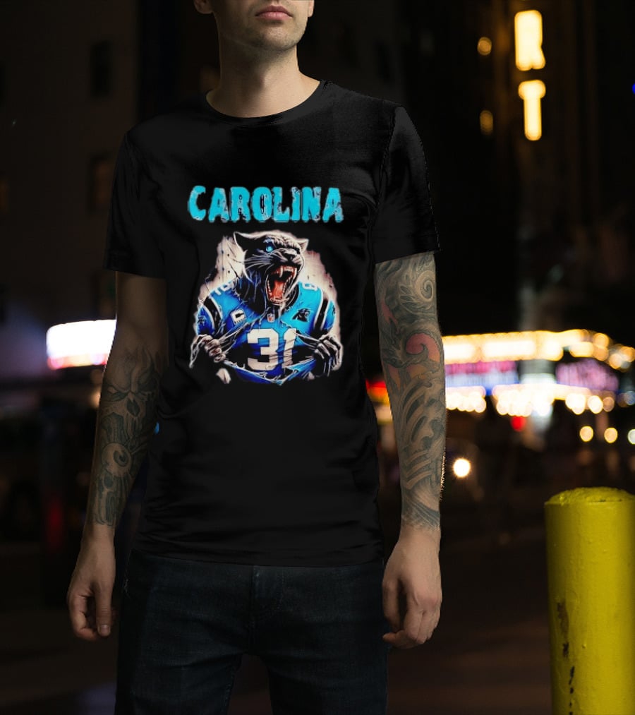 Carolina Panthers Snarling Beast Tearing Blue Jersey 31 T-Shirt