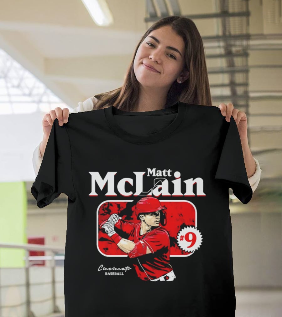 Matt McLain Cincinnati Baseball Number 9 Batter Stance Red Frame T-Shirt