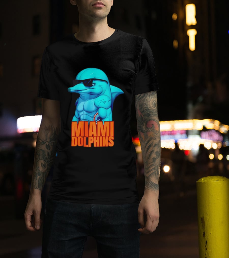 Miami Dolphins Fins Up Muscular Cartoon Sunglasses Tattoo T-Shirt