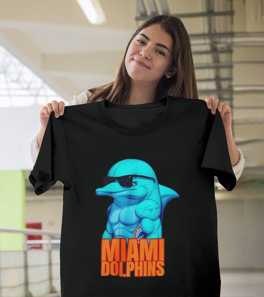 Miami Dolphins Fins Up Muscular Cartoon Sunglasses Tattoo T-Shirt