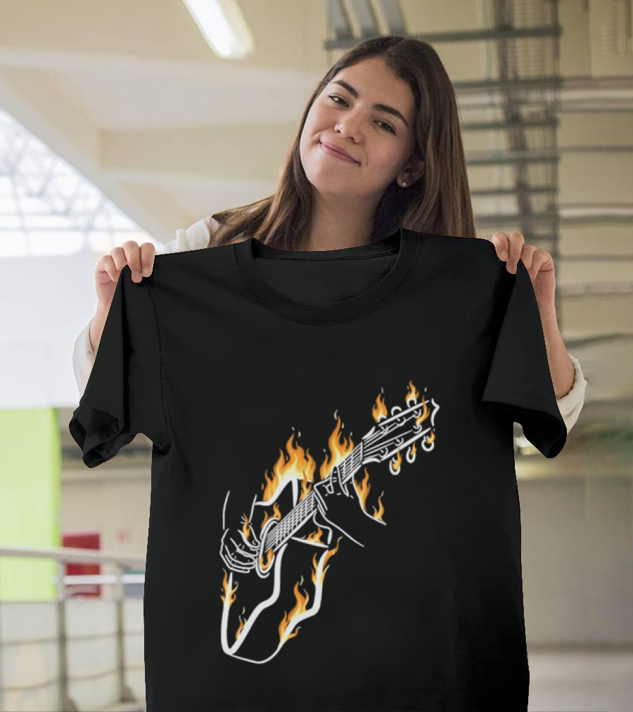 Musician Hands Flaming Acoustic Guitar White Line Artistry T-Shirt