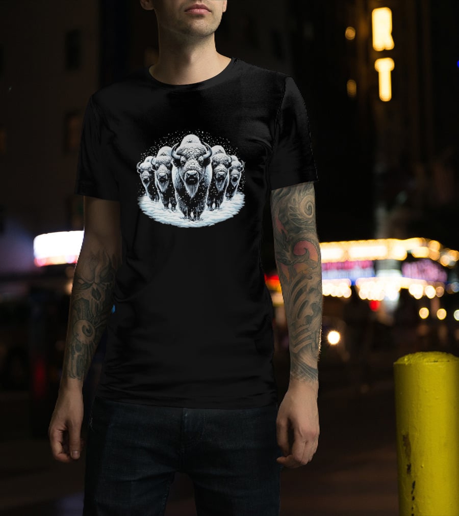 Five Snowbound American Bison Herd Winter Blizzard Snowdrift T-Shirt
