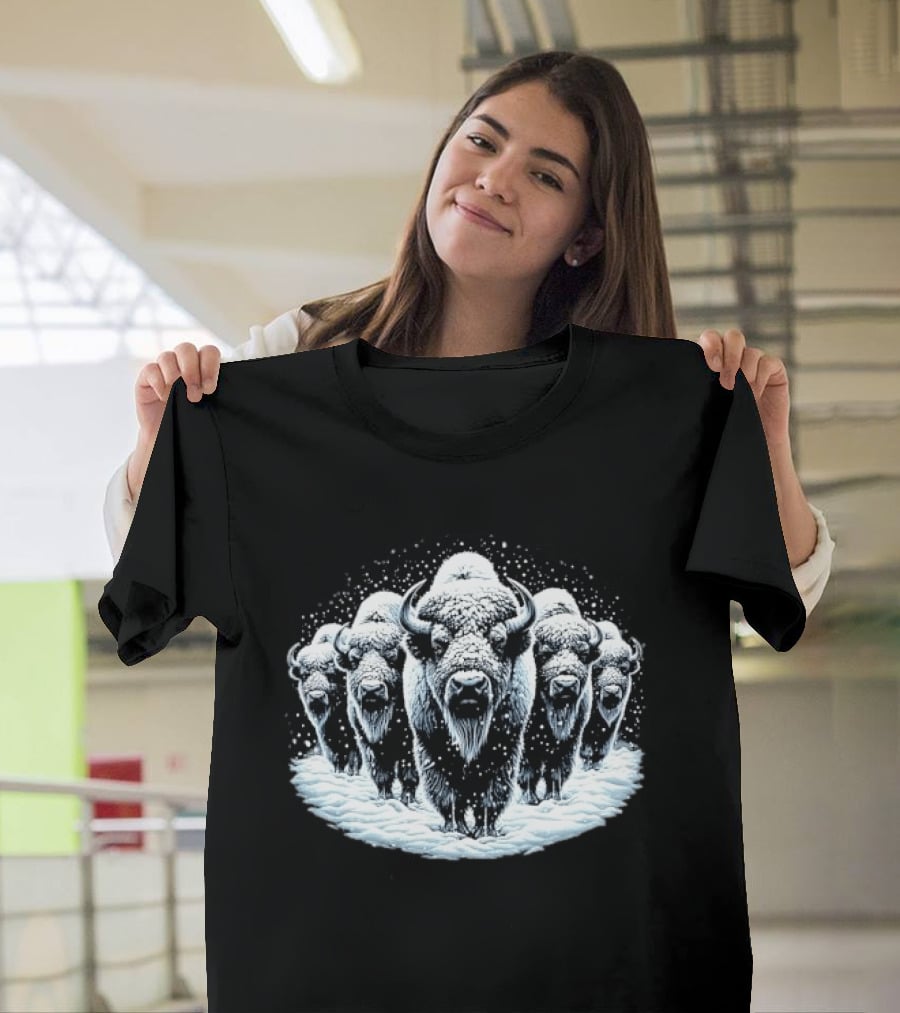 Five Snowbound American Bison Herd Winter Blizzard Snowdrift T-Shirt